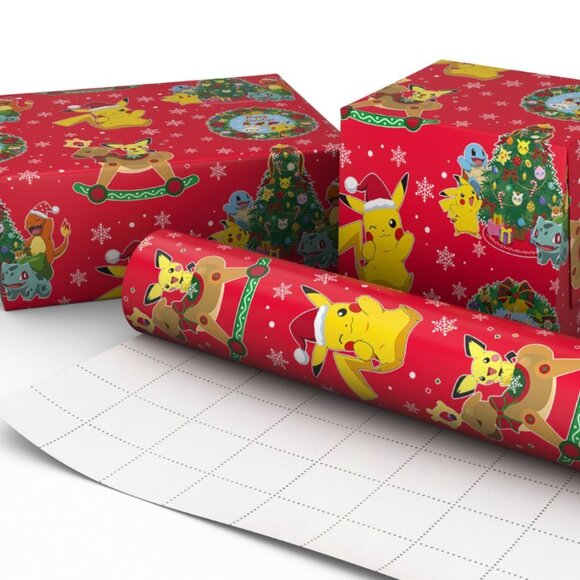 Hallmark Wrapping Paper Christmas Pokemon Fun on Red 70 sq ft Jumbo Roll Holiday - Picture 4 of 6